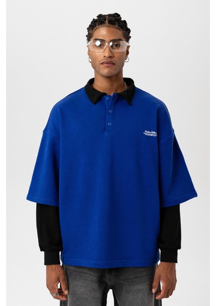 Polo Yaka Çift Kol Detaylı Oversıze Sweatsıhrt Saks