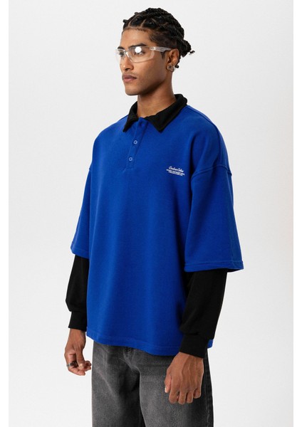 Polo Yaka Çift Kol Detaylı Oversıze Sweatsıhrt Saks