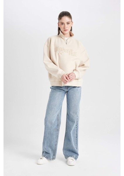 Loose Fit Yarım Fermuarlı Dik Yaka Baskılı Kalın Sweatshirt D6566AX24WN