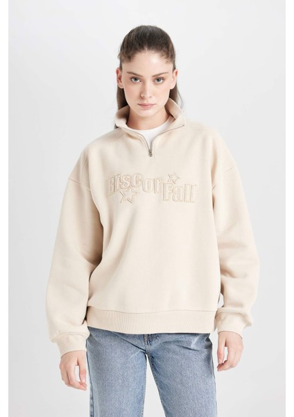 Loose Fit Yarım Fermuarlı Dik Yaka Baskılı Kalın Sweatshirt D6566AX24WN
