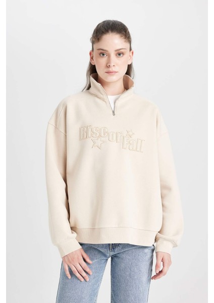 Loose Fit Yarım Fermuarlı Dik Yaka Baskılı Kalın Sweatshirt D6566AX24WN