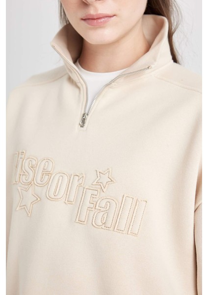 Loose Fit Yarım Fermuarlı Dik Yaka Baskılı Kalın Sweatshirt D6566AX24WN