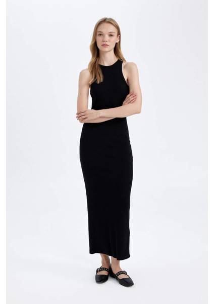Bodycon Vücudu Saran Halter Yaka Basic Düz Fitilli Kaşkorse Kolsuz Maxi Siyah Elbise A4828AX24WN