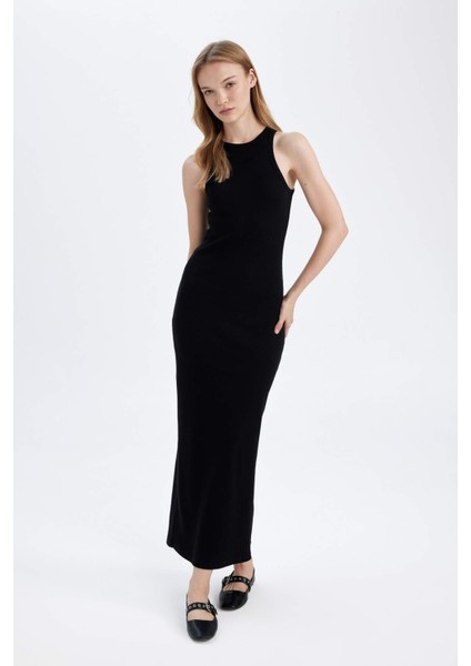 Bodycon Vücudu Saran Halter Yaka Basic Düz Fitilli Kaşkorse Kolsuz Maxi Siyah Elbise A4828AX24WN