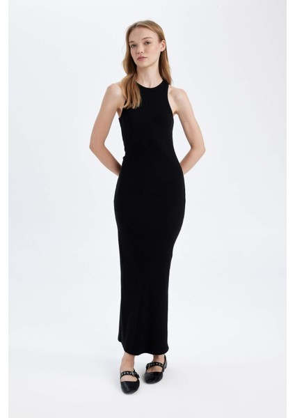 Bodycon Vücudu Saran Halter Yaka Basic Düz Fitilli Kaşkorse Kolsuz Maxi Siyah Elbise A4828AX24WN