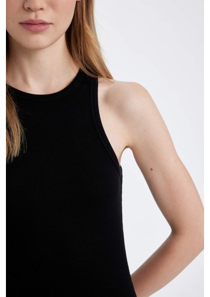 Bodycon Vücudu Saran Halter Yaka Basic Düz Fitilli Kaşkorse Kolsuz Maxi Siyah Elbise A4828AX24WN