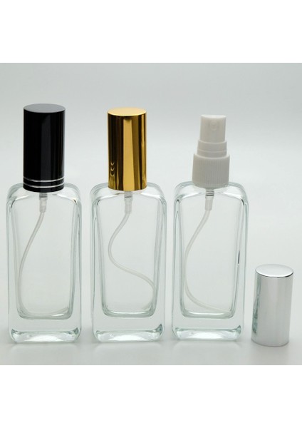 20 Adet Boş Cam Parfüm Şişe, 50 Ml, Oval Dikdörtgen Model, Şeffaf, Metal Valf Ve Kapak