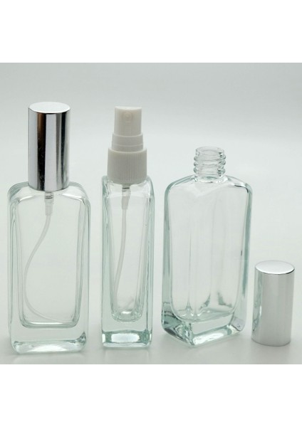 20 Adet Boş Cam Parfüm Şişe, 50 Ml, Oval Dikdörtgen Model, Şeffaf, Metal Valf Ve Kapak