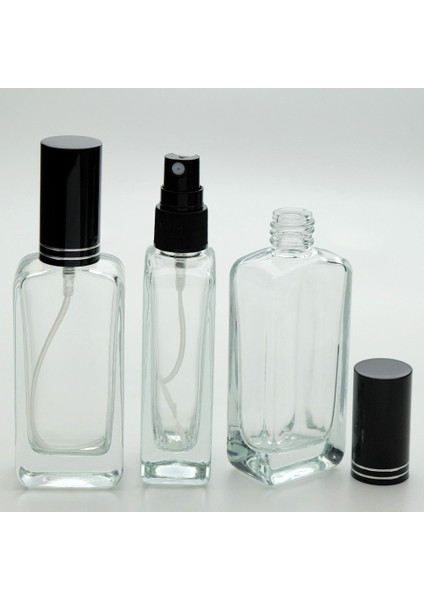 20 Adet Boş Cam Parfüm Şişe, 50 Ml, Oval Dikdörtgen Model, Şeffaf, Metal Valf Ve Kapak