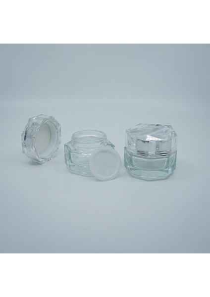 15 Adet Boş Cam Krem Kavanozu, 50 Ml, Sekizgen Model, Şeffaf, Akrilik Kapak