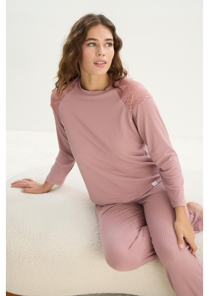 Kadın Uzun Kol Kaşkorse Gül Kurusu Pijama Takım C2T7N1O61