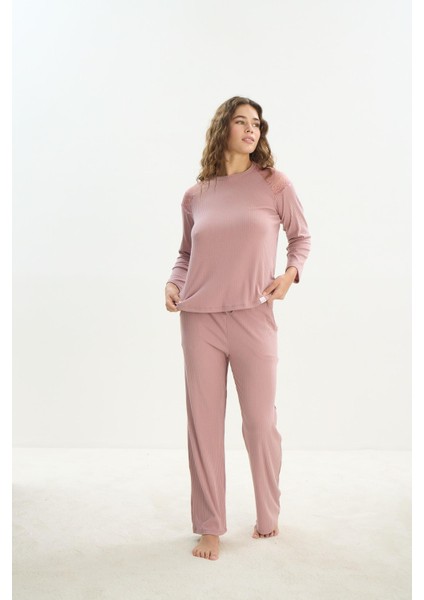 Kadın Uzun Kol Kaşkorse Gül Kurusu Pijama Takım C2T7N1O61