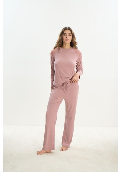 Kadın Uzun Kol Kaşkorse Gül Kurusu Pijama Takım C2T7N1O61