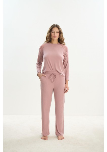 Kadın Uzun Kol Kaşkorse Gül Kurusu Pijama Takım C2T7N1O61