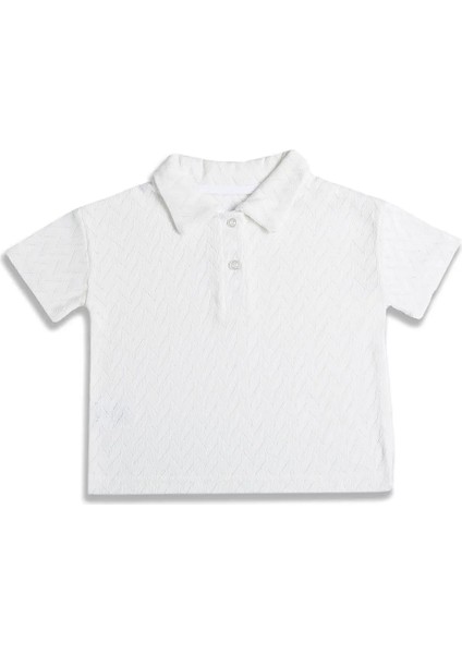 Beyaz Delikli Polo Yaka T-Shirt , Yarım Kollu %100 Organik Pamuk, Düğmeli, Çocuk Polo Yaka