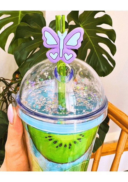 Suluk Pipetli Meyve Görselli LED Işıklı 450 ml Çift Katman Mika Su Şişesi 2096 Kiwi
