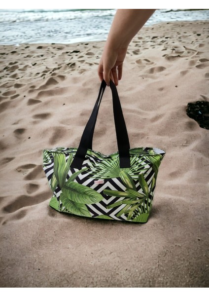 Kadın Yeşil Devetabanı Desenli Plaj Çantası / Omuz Çantası / Tatil Çantası