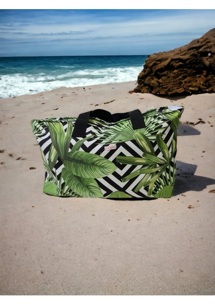 Kadın Yeşil Devetabanı Desenli Plaj Çantası / Omuz Çantası / Tatil Çantası fiyatları