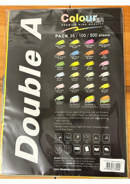 Double A 75 gr 1 Paket 25 Adet Renk Fosforlu Sarı