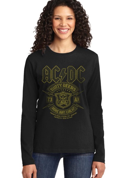 Karlı Acdc Siyah Uzun Kollu Kadın Penye Tişört
