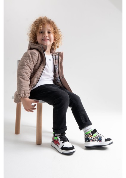 Unisex Çocuk Siyah Baskı Hakiki Deri Anatomik Sneakers Bot