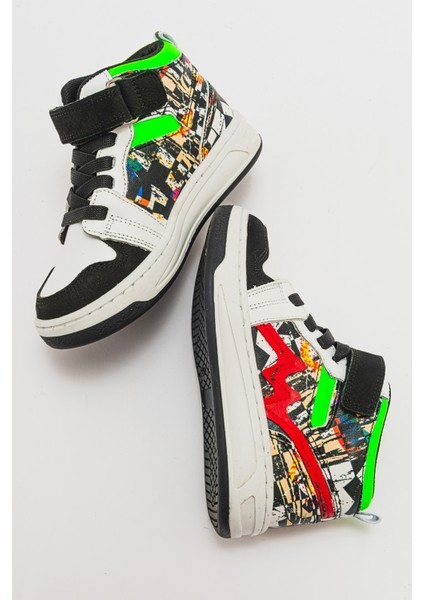 Unisex Çocuk Siyah Baskı Hakiki Deri Anatomik Sneakers Bot