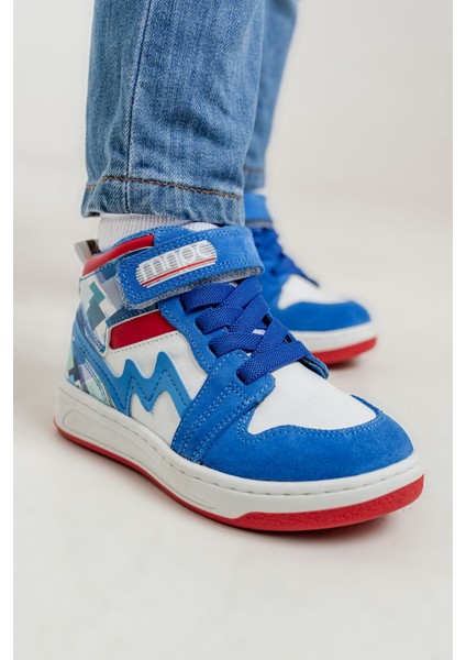 Unisex Çocuk Saks Mavi Baskı Hakiki Deri Anatomik Sneakers Bot