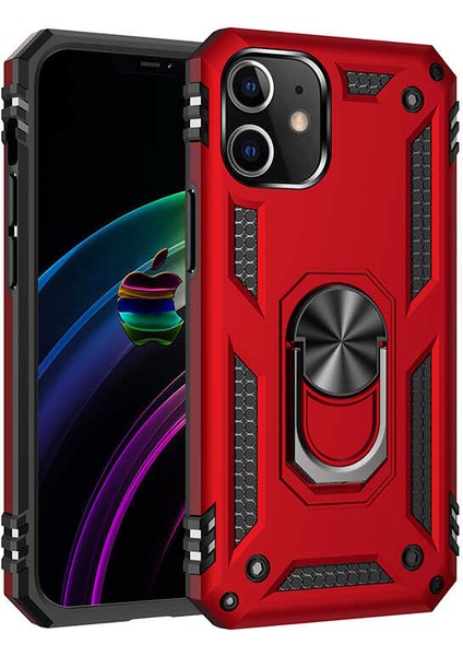 - Apple iPhone 12 - Kılıf Yüzüklü Zırh Tank Vega Kapak - Kırmızı