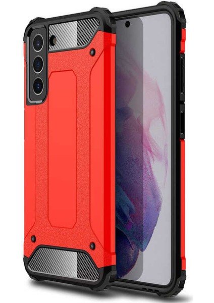 - Samsung Galaxy S21 FE - Kılıf Çift Katman Zırh Tank Crash Military Kapak - Kırmızı - T17178