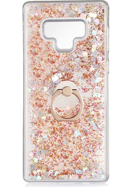 - Samsung Galaxy Note 9 - Kılıf Yüzüklü Simli Sıvılı Milce Kapak - Gold - T14331