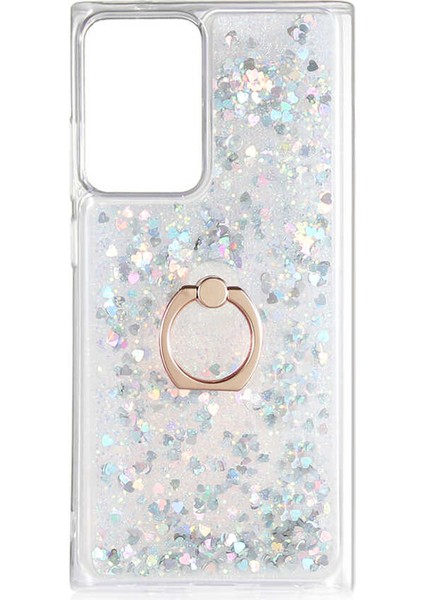- Samsung Galaxy Note 20 Ultra - Kılıf Yüzüklü Simli Sıvılı Milce Kapak - Gümüş - T14333