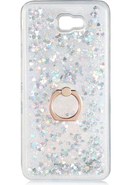 - Samsung Galaxy J7 Prime - Kılıf Yüzüklü Simli Sıvılı Milce Kapak - Gümüş - T14320