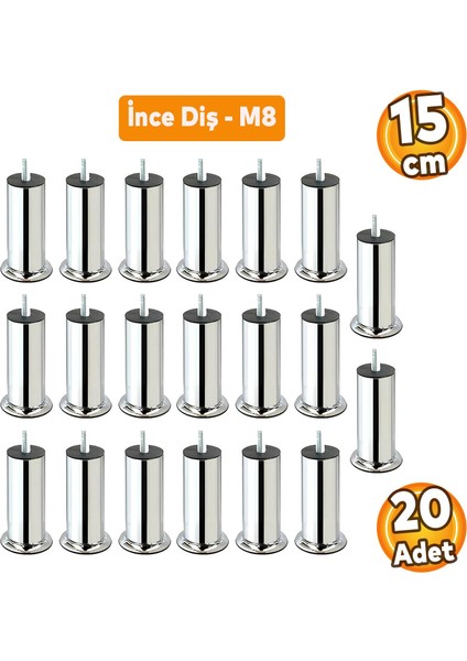 Baza Koltuk Kanepe Mobilya Yatak Çekyat Ayağı Ince Diş M8 Metrik 8 mm Krom Metal Ayakları 15 cm 20 Adet
