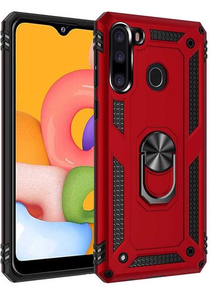 - Samsung Galaxy A21 - Kılıf Yüzüklü Zırh Tank Vega Kapak - Kırmızı - T12773