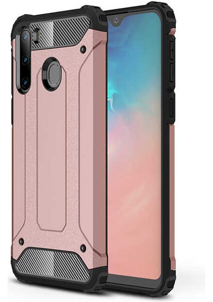 - Samsung Galaxy A21 - Kılıf Çift Katman Zırh Tank Crash Military Kapak - Rose Gold - T12870