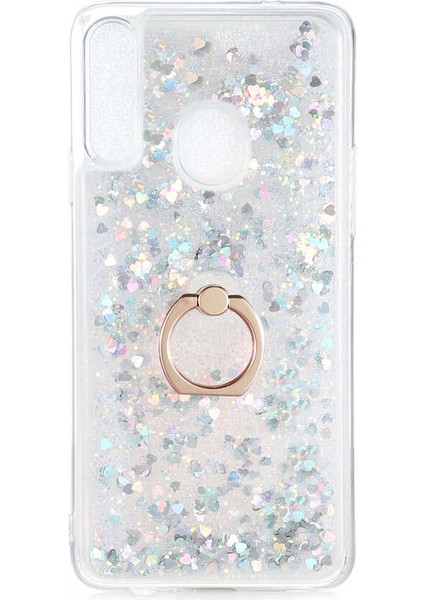 - Samsung Galaxy A20S - Kılıf Yüzüklü Simli Sıvılı Milce Kapak - Gümüş - T14473