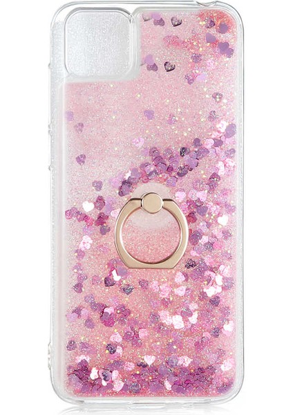 - Huawei Y5P - Kılıf Yüzüklü Simli Sıvılı Milce Kapak - Pembe - T14404