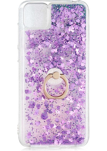 - Huawei Y5P - Kılıf Yüzüklü Simli Sıvılı Milce Kapak - Mor - T14404