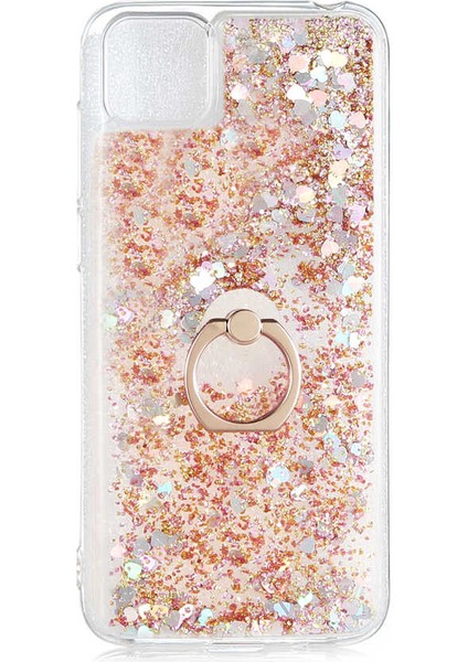 - Huawei Y5P - Kılıf Yüzüklü Simli Sıvılı Milce Kapak - Gold - T14404