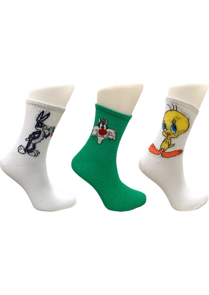 Al Bi 90Lık 3'lü Bugs Bunny, Sylvester ve Tweety Desenli Kolej Set Çorap