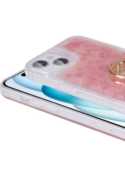 - Apple iPhone 15 Plus - Kılıf Yüzüklü Simli Sıvılı Milce Kapak - Pembe