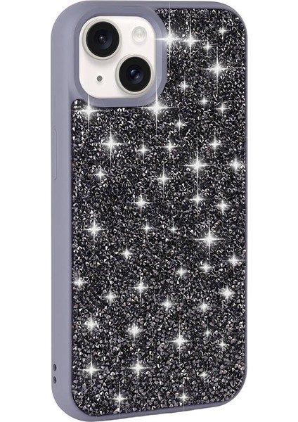 - Apple iPhone 15 Plus - Kılıf Parlak Taşlı Tasarım Pırlanta Kapak - Gri - T30658