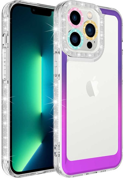 - Apple iPhone 14 Pro Max - Kılıf Simli ve Renk Geçiş Tasarımlı Lens Korumalı Park Kapak - Pembe-Mavi