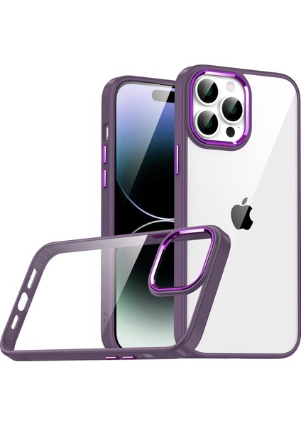 - Apple iPhone 14 Pro - Kılıf Arkası Şeffaf Kamera Çevresi Parlak Zıt Renkli Flora Kapak - Derin Mor - T24845