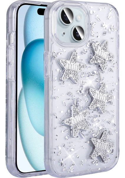 - Apple iPhone 14 - Kılıf Airbagli Simli Arka Yüzey Işıltı Silikon Kapak - Beyaz-Yıldız - T31796