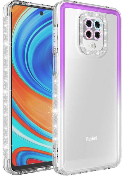 - Xiaomi Redmi Note 9 Pro - Kılıf Simli ve Renk Geçiş Tasarımlı Lens Korumalı Park Kapak - Mor-Beyaz - T24484