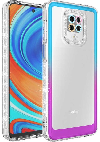 - Xiaomi Redmi Note 9S - Kılıf Simli ve Renk Geçiş Tasarımlı Lens Korumalı Park Kapak - Mavi-Mor - T24483