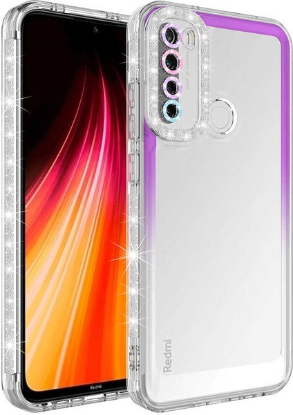 - Xiaomi Redmi Note 8 - Kılıf Simli ve Renk Geçiş Tasarımlı Lens Korumalı Park Kapak - Mor-Beyaz - T24491