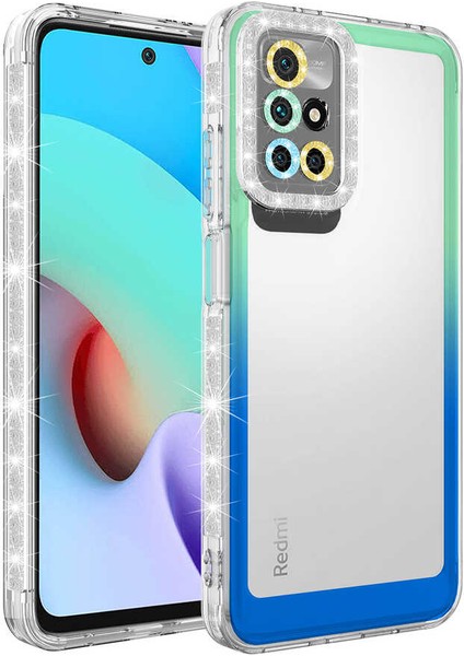 - Xiaomi Redmi 10 - Kılıf Simli ve Renk Geçiş Tasarımlı Lens Korumalı Park Kapak - Yeşil-Mavi - T24489