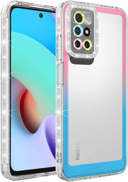 - Xiaomi Redmi 10 - Kılıf Simli ve Renk Geçiş Tasarımlı Lens Korumalı Park Kapak - Pembe-Mavi - T24489